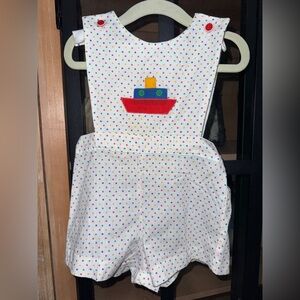 Vintage 80s jon jon shortall romper baby boy steam boat appliqué embroidered